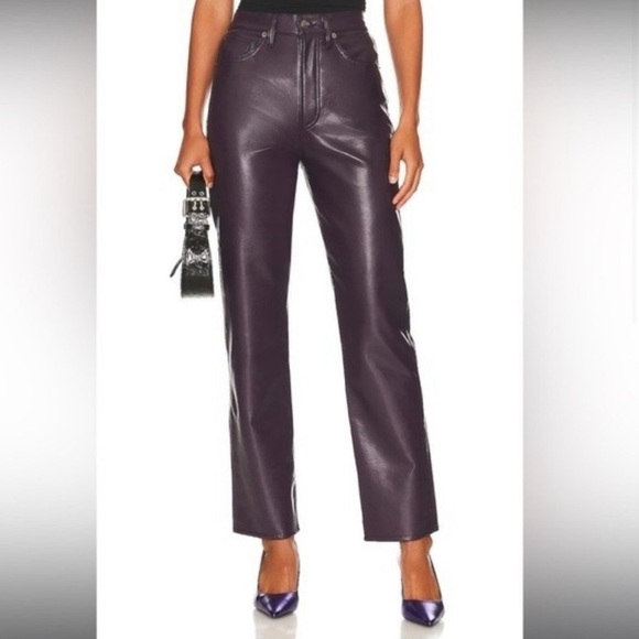NEW! AGOLDE 90’s Pinch Waist Recycled Leather Straight Crop Pants 24 Purple - Picture 2 of 10